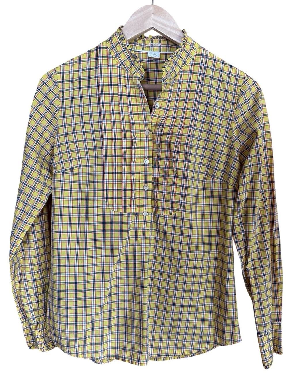 J Crew Ruffle Collar Yellow Plaid Button Down Shirt 100% Cotton Yellow Sz S